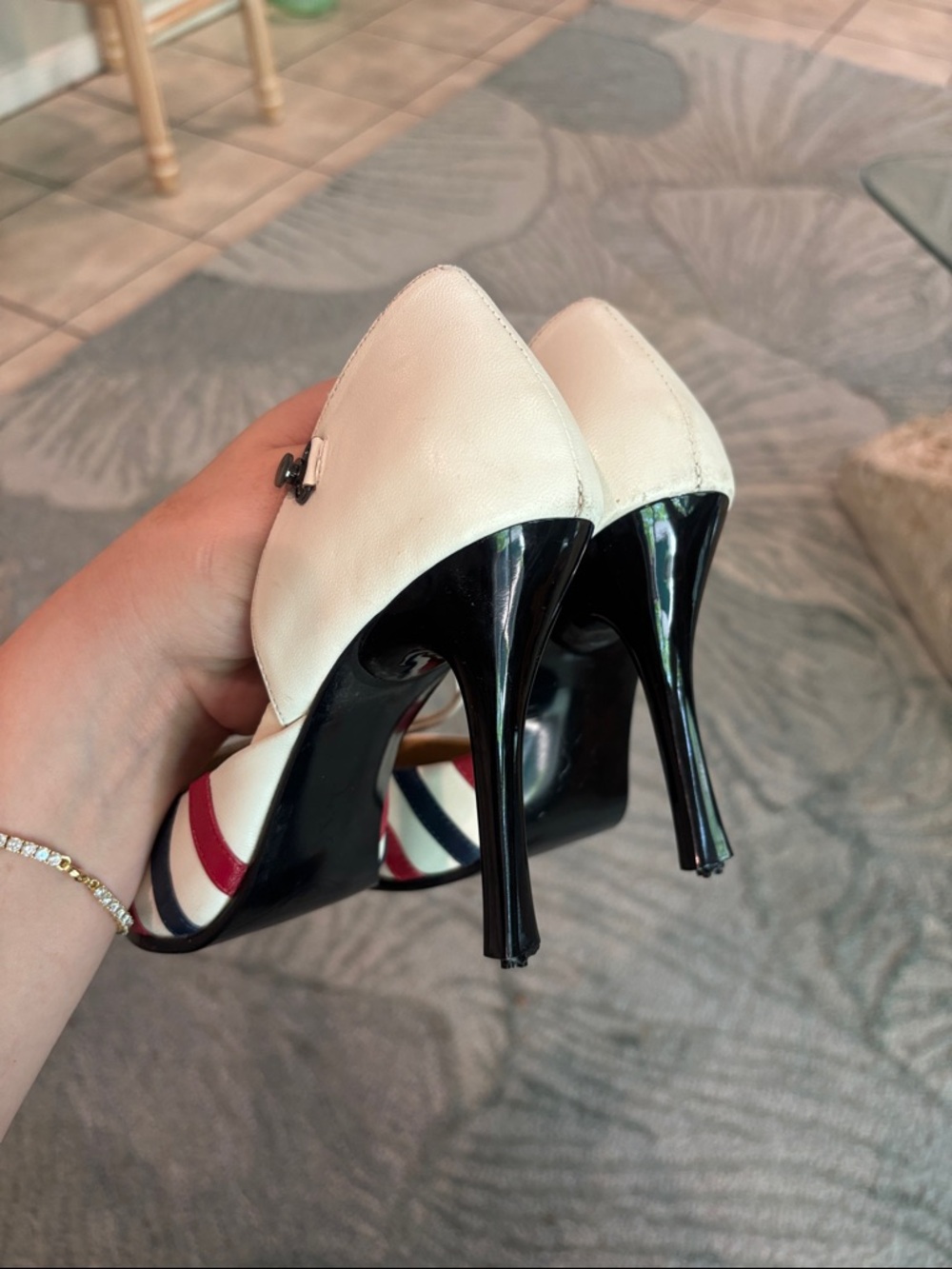 N.Y.L.A. Striped Pointed-Toe Ankle-Strap Pumps - White/Red/Navy - Picture 7 of 8